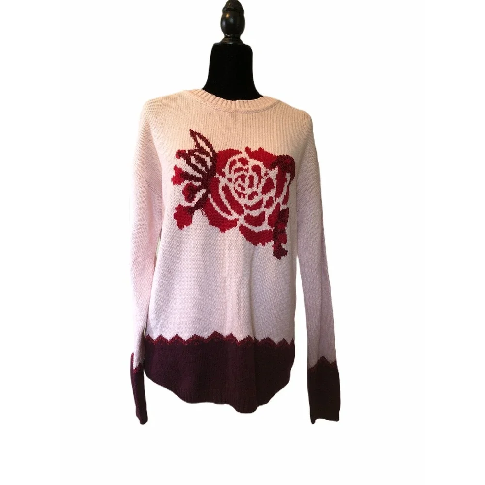 7‎ Seasons Womens Pink Sweater Embroidered Floral Design Long Sleeves Blend Sz L